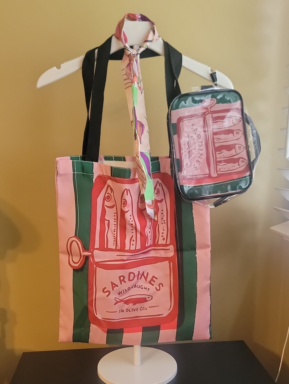 Sardines Print Pink & Green Tote Bag with Matching Pouch & Scarf